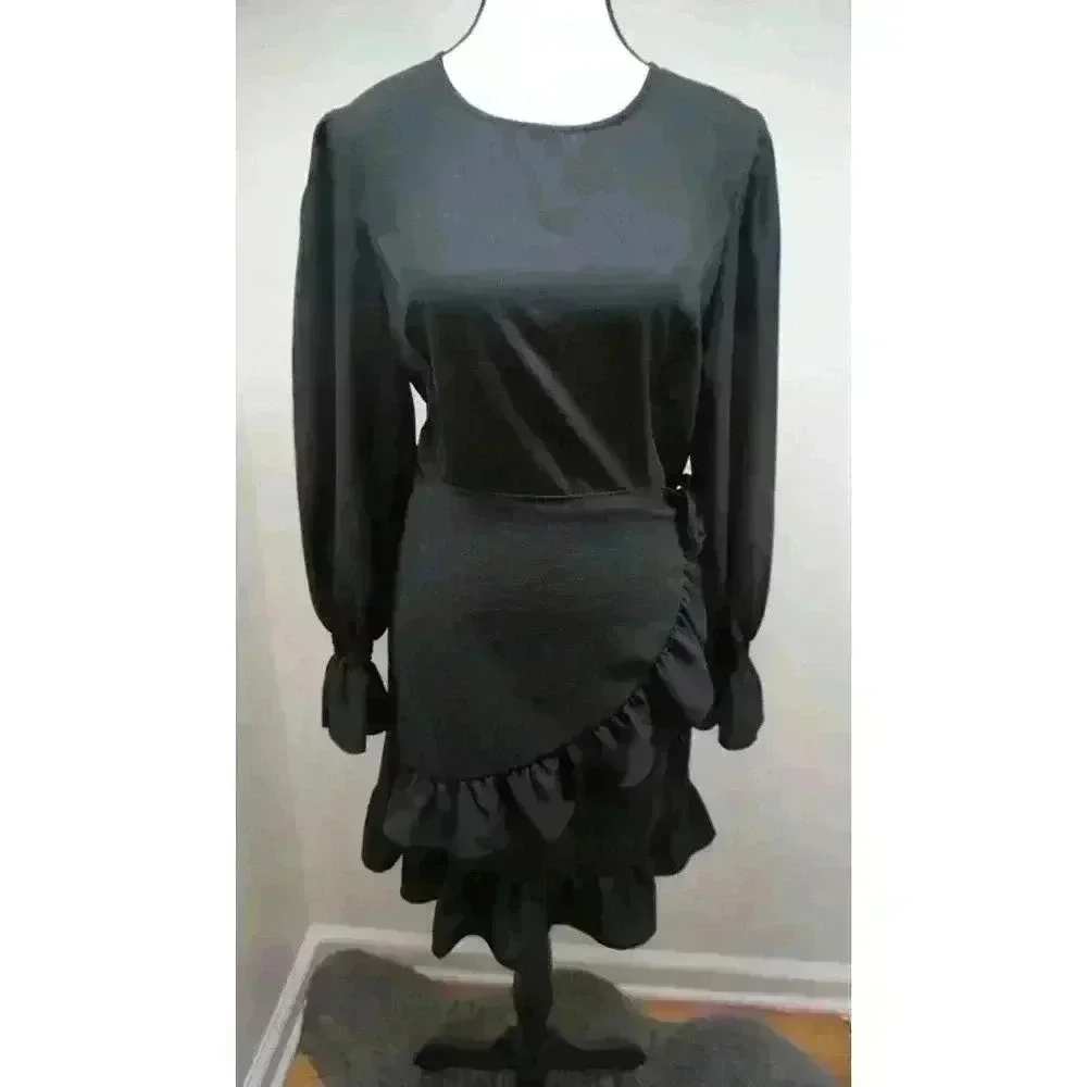 WEEPINLEE Long Sleeve Round Neck Ruffles Wrap Dresses, Size M - Picture 4 of 16